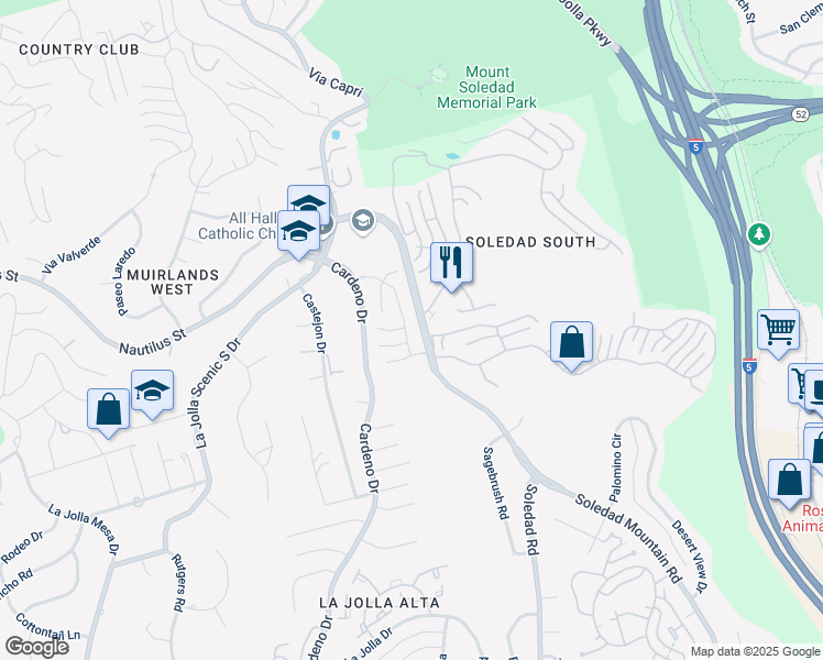 map of restaurants, bars, coffee shops, grocery stores, and more near 6349 Via Cabrera in San Diego