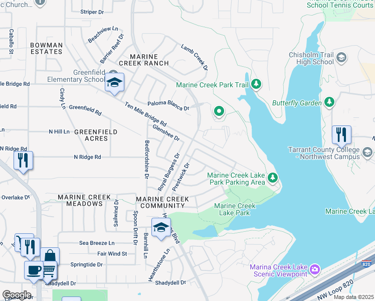 map of restaurants, bars, coffee shops, grocery stores, and more near 5317 Prestwick Drive in Fort Worth