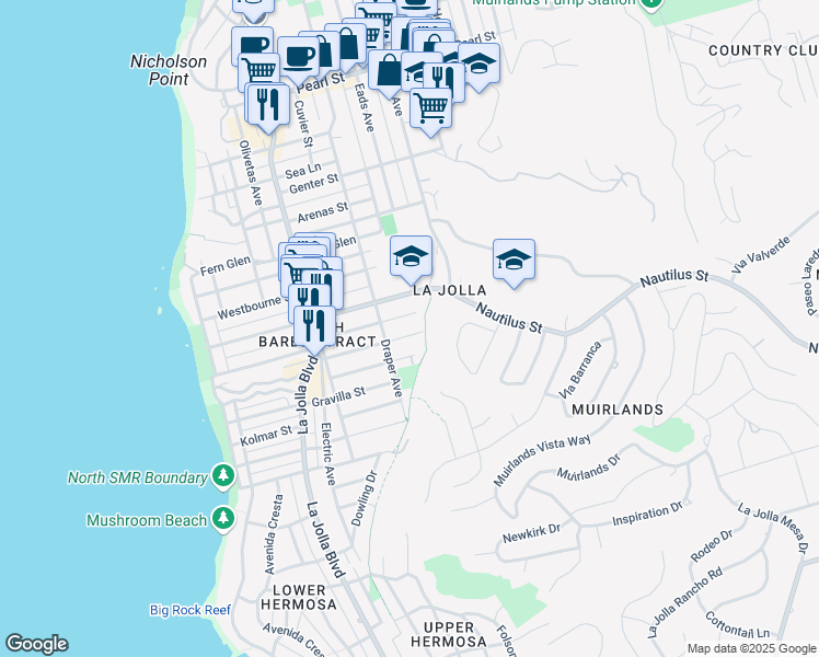 map of restaurants, bars, coffee shops, grocery stores, and more near 746 Bonair Street in San Diego