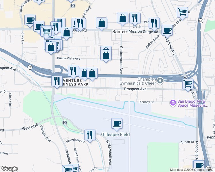 map of restaurants, bars, coffee shops, grocery stores, and more near 10208 Prospect Avenue in Santee