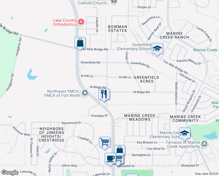 map of restaurants, bars, coffee shops, grocery stores, and more near 6229 North Hill Lane in Fort Worth