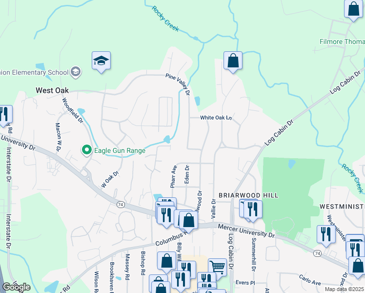 map of restaurants, bars, coffee shops, grocery stores, and more near 4578 Pine Valley Drive in Macon