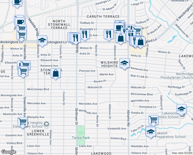map of restaurants, bars, coffee shops, grocery stores, and more near 6260 Martel Avenue in Dallas