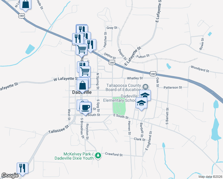map of restaurants, bars, coffee shops, grocery stores, and more near 345 North East Street in Dadeville