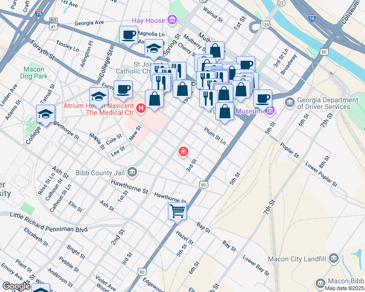map of restaurants, bars, coffee shops, grocery stores, and more near 790 2nd Street in Macon