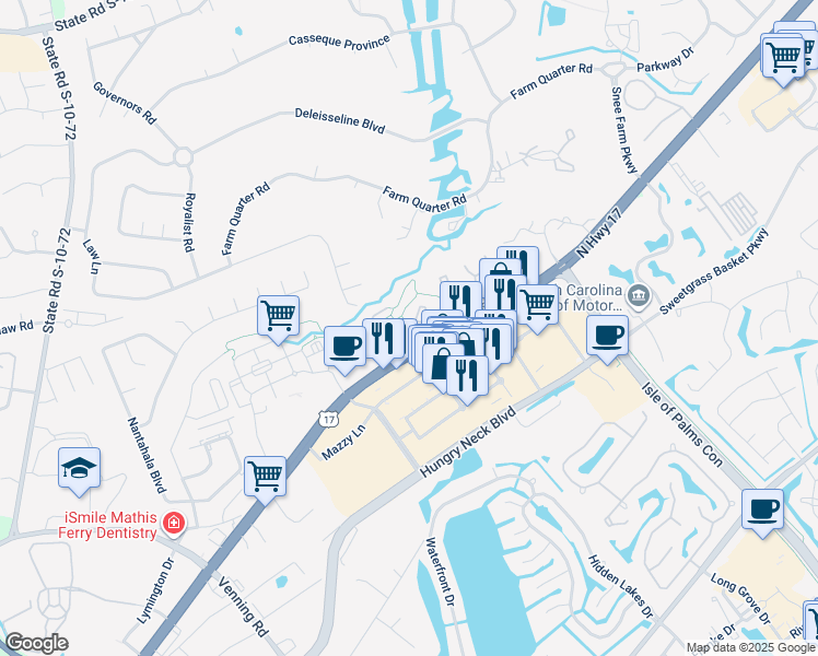 map of restaurants, bars, coffee shops, grocery stores, and more near 1829 Montclair Drive in Mount Pleasant