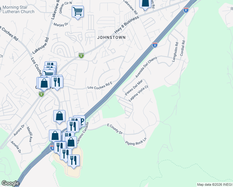 map of restaurants, bars, coffee shops, grocery stores, and more near 8578 Rancho Canada Road in El Cajon