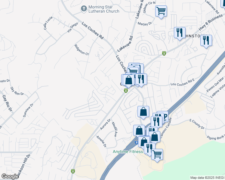map of restaurants, bars, coffee shops, grocery stores, and more near 8624 Sage Shadow Drive in El Cajon