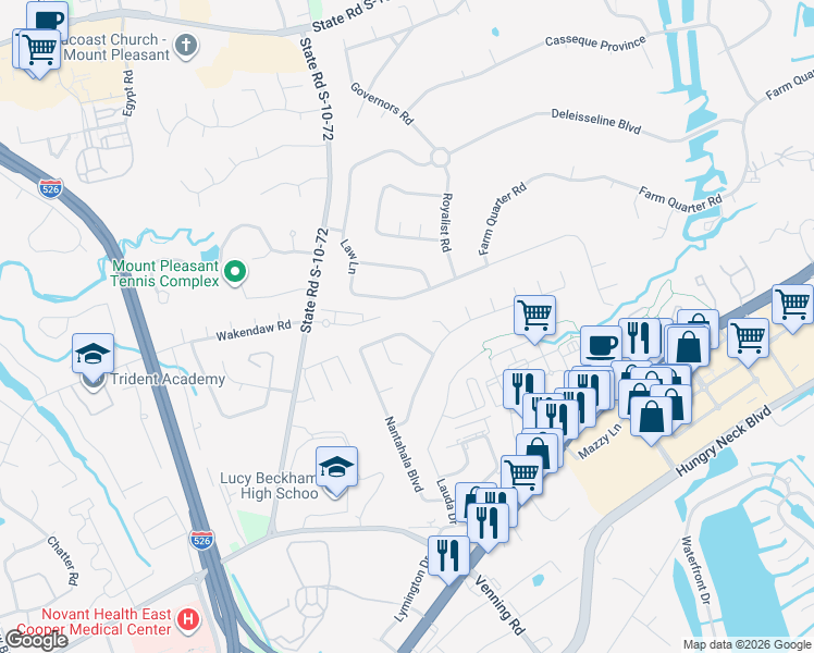 map of restaurants, bars, coffee shops, grocery stores, and more near 926 Law Lane in Mount Pleasant