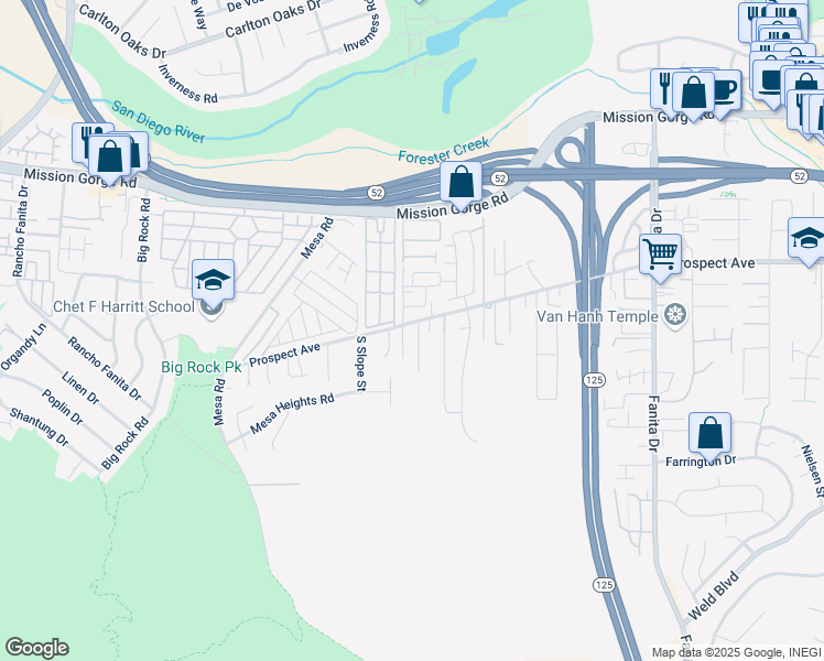 map of restaurants, bars, coffee shops, grocery stores, and more near 8545 Mission Gorge Road in Santee