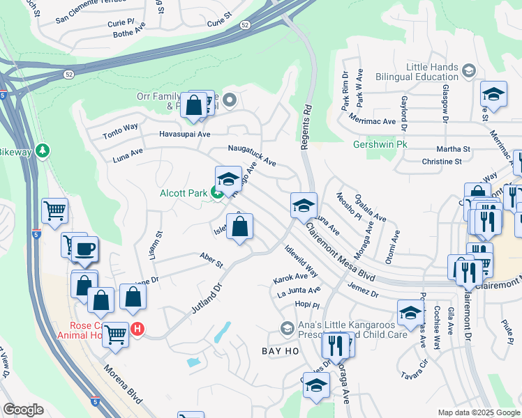 map of restaurants, bars, coffee shops, grocery stores, and more near 3062 Jemez Drive in San Diego