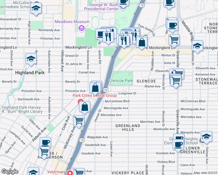 map of restaurants, bars, coffee shops, grocery stores, and more near 5200 Martel Avenue in Dallas