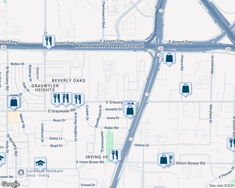 map of restaurants, bars, coffee shops, grocery stores, and more near 1633 Voirin Road in Irving