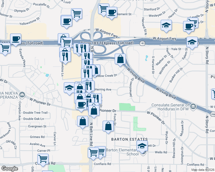 map of restaurants, bars, coffee shops, grocery stores, and more near 3318 Willow Creek Drive in Irving
