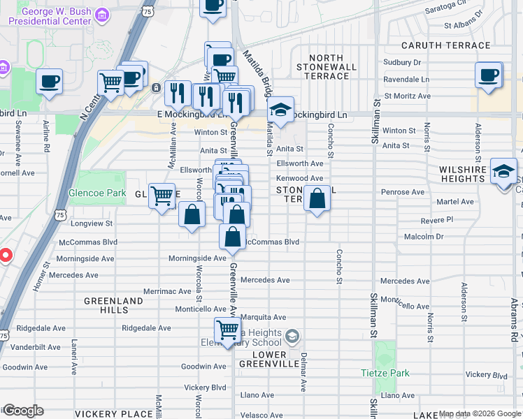 map of restaurants, bars, coffee shops, grocery stores, and more near 5757 Martel Avenue in Dallas