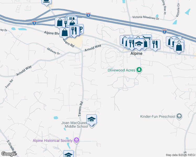 map of restaurants, bars, coffee shops, grocery stores, and more near 1988 Alpine Creek Lane in Alpine