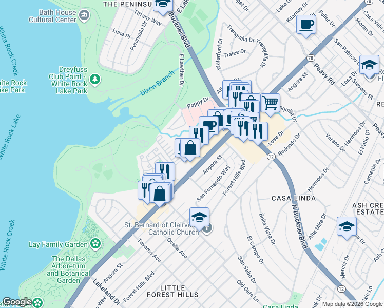 map of restaurants, bars, coffee shops, grocery stores, and more near Beachview Court in Dallas