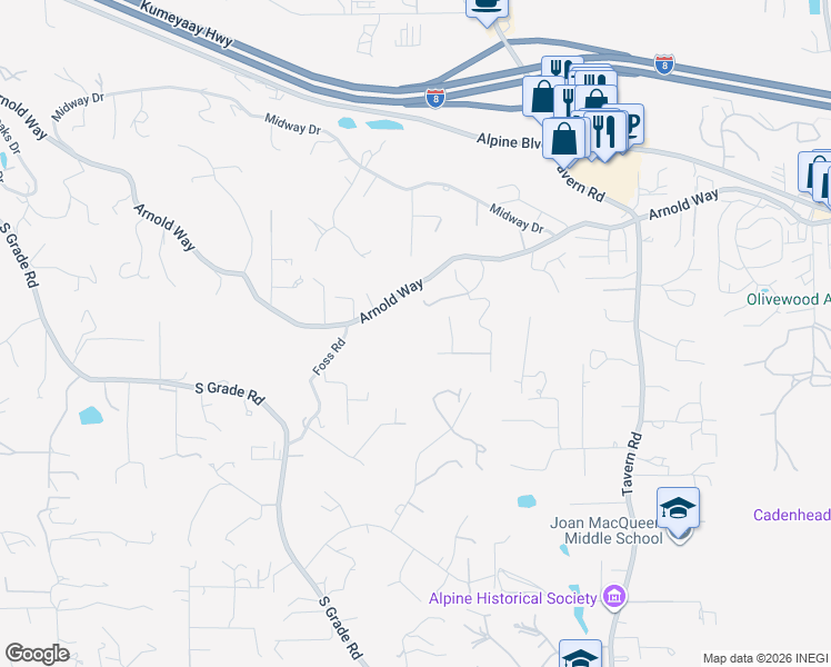 map of restaurants, bars, coffee shops, grocery stores, and more near 1347 Arnold Way in Alpine
