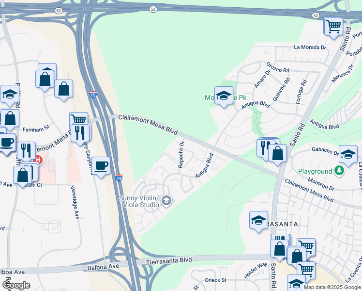 map of restaurants, bars, coffee shops, grocery stores, and more near 5410 Repecho Drive in San Diego
