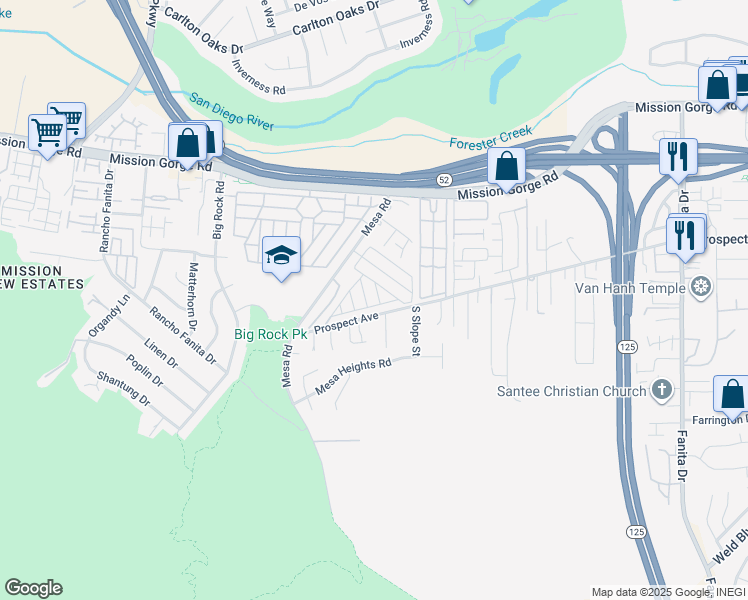 map of restaurants, bars, coffee shops, grocery stores, and more near 8701 Mesa Road in Santee