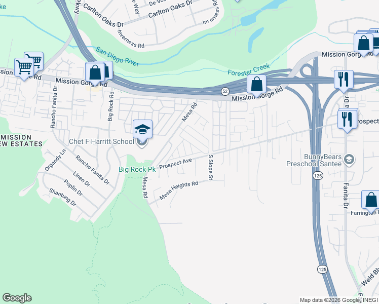 map of restaurants, bars, coffee shops, grocery stores, and more near 64 Greenhale Drive in Santee