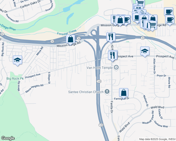 map of restaurants, bars, coffee shops, grocery stores, and more near 8615 Placid View Drive in Santee