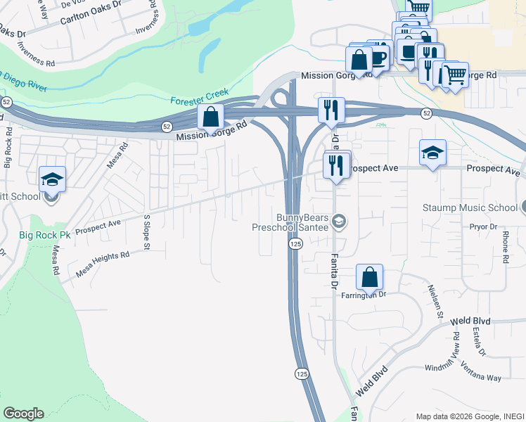 map of restaurants, bars, coffee shops, grocery stores, and more near 8615 Placid View Drive in Santee