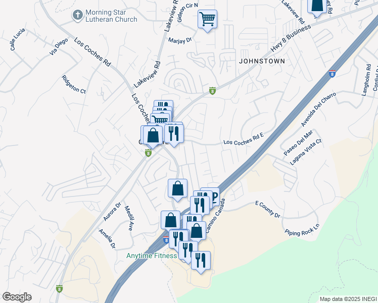 map of restaurants, bars, coffee shops, grocery stores, and more near 8541 Snow White Drive in El Cajon