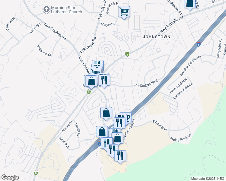 map of restaurants, bars, coffee shops, grocery stores, and more near 8516 Happy Way North in El Cajon