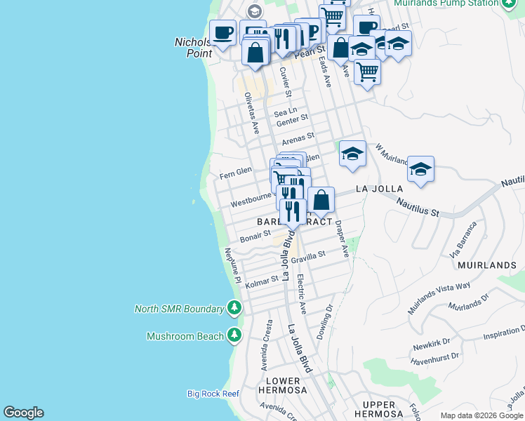 map of restaurants, bars, coffee shops, grocery stores, and more near 370-72 Nautilus Street in San Diego