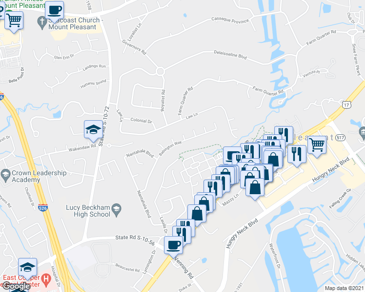 map of restaurants, bars, coffee shops, grocery stores, and more near 1684 Babington Way in Mount Pleasant