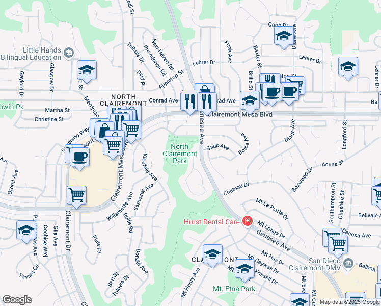 map of restaurants, bars, coffee shops, grocery stores, and more near 4754 Chickasaw Court in San Diego