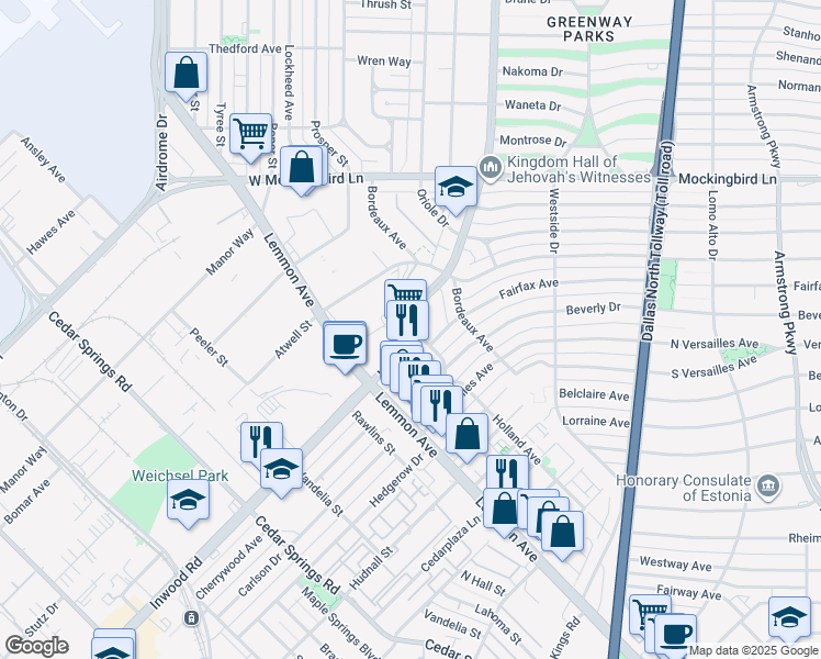 map of restaurants, bars, coffee shops, grocery stores, and more near 3634 Inwood Road in Dallas