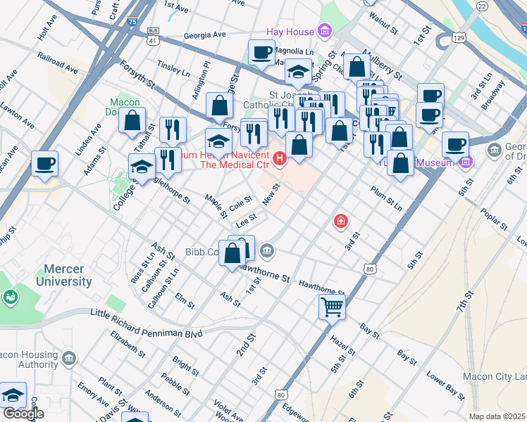 map of restaurants, bars, coffee shops, grocery stores, and more near 700 Lee Street in Macon