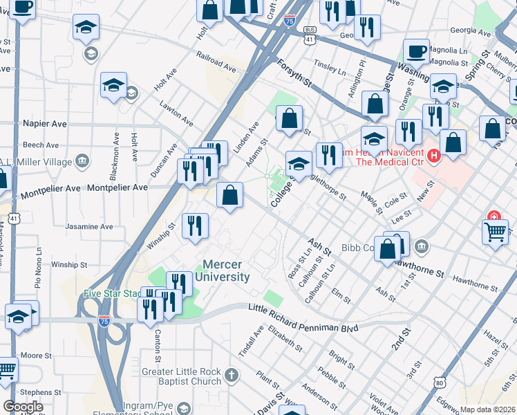 map of restaurants, bars, coffee shops, grocery stores, and more near 1426 Coleman Avenue in Macon