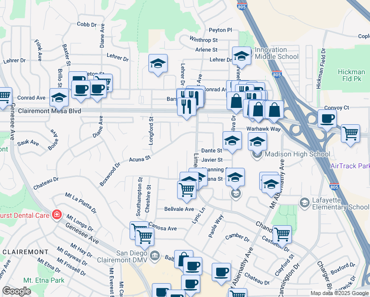 map of restaurants, bars, coffee shops, grocery stores, and more near 4790 Andalusia Avenue in San Diego