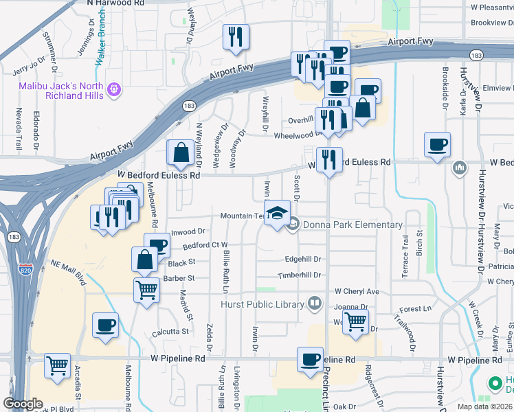 map of restaurants, bars, coffee shops, grocery stores, and more near 1200 Royal Terrace in Hurst