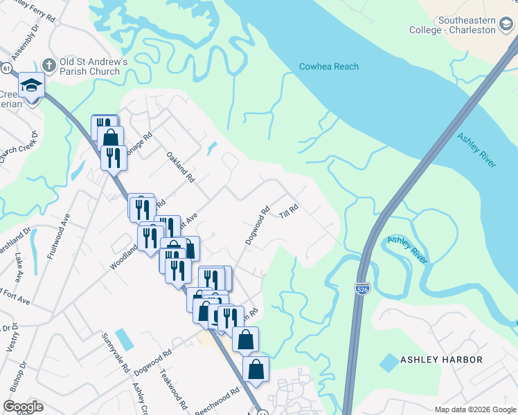 map of restaurants, bars, coffee shops, grocery stores, and more near 1632 Dogwood Road in Charleston