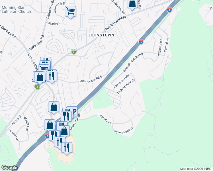 map of restaurants, bars, coffee shops, grocery stores, and more near 8578 Rancho Canada Road in El Cajon