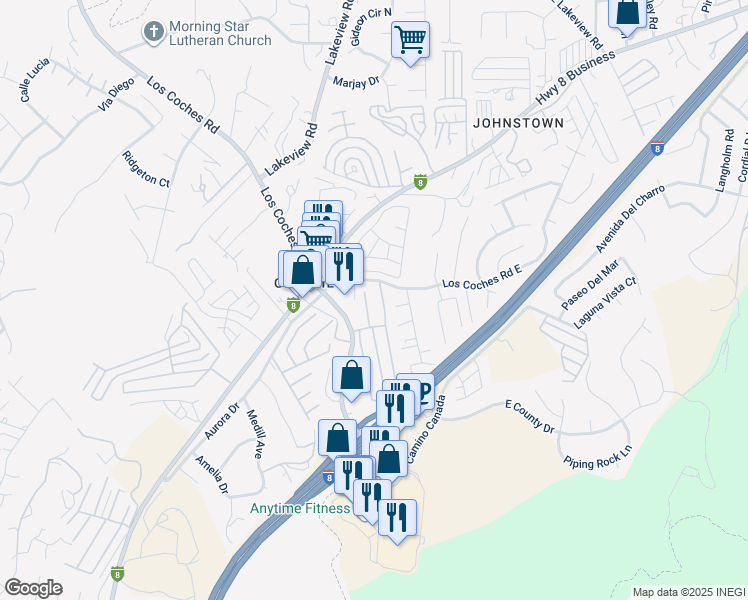 map of restaurants, bars, coffee shops, grocery stores, and more near 8541 Snow White Drive in El Cajon