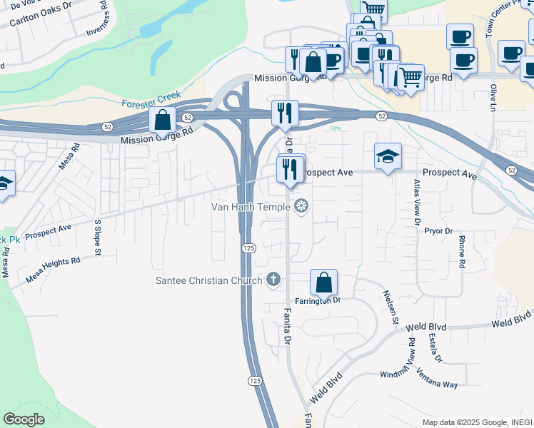 map of restaurants, bars, coffee shops, grocery stores, and more near 9037 De Mott Lane in Santee