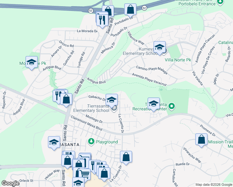 map of restaurants, bars, coffee shops, grocery stores, and more near 5581 La Cuenta Drive in San Diego