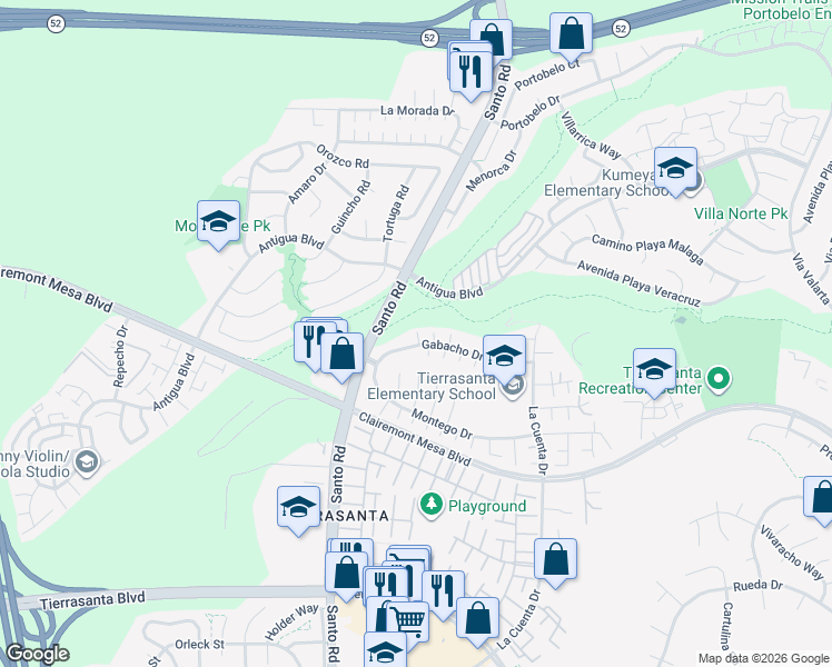 map of restaurants, bars, coffee shops, grocery stores, and more near 10612 Gabacho Drive in San Diego