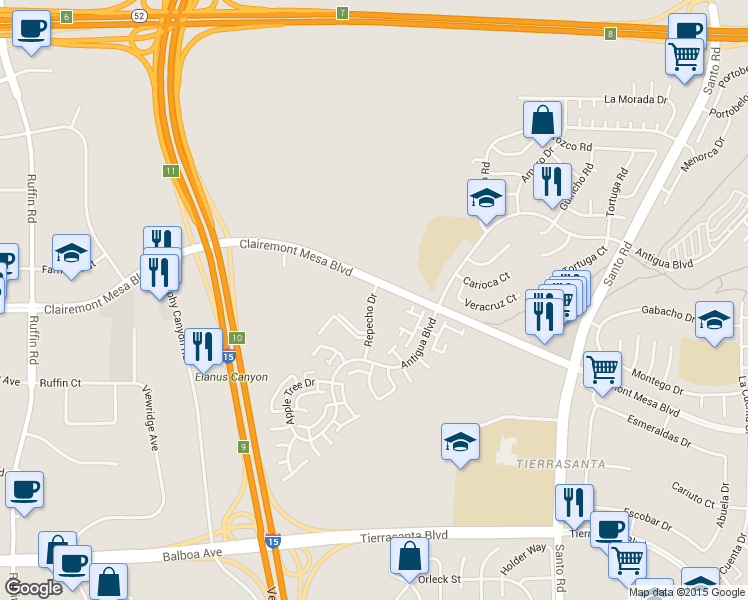 map of restaurants, bars, coffee shops, grocery stores, and more near in San Diego