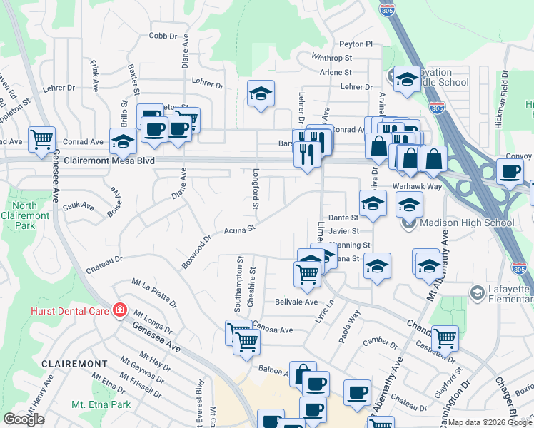 map of restaurants, bars, coffee shops, grocery stores, and more near 5072 Acuna Street in San Diego