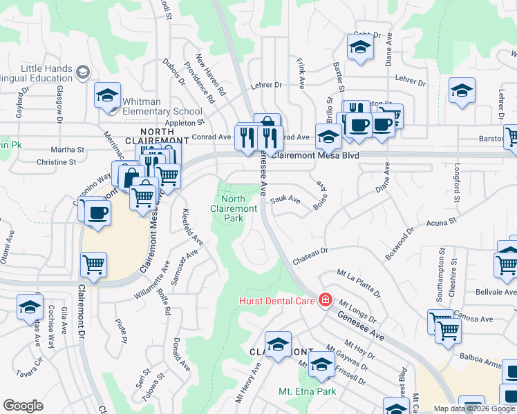 map of restaurants, bars, coffee shops, grocery stores, and more near 4802 Genesee Avenue in San Diego