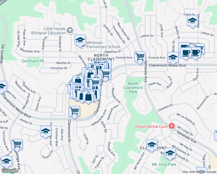 map of restaurants, bars, coffee shops, grocery stores, and more near in San Diego