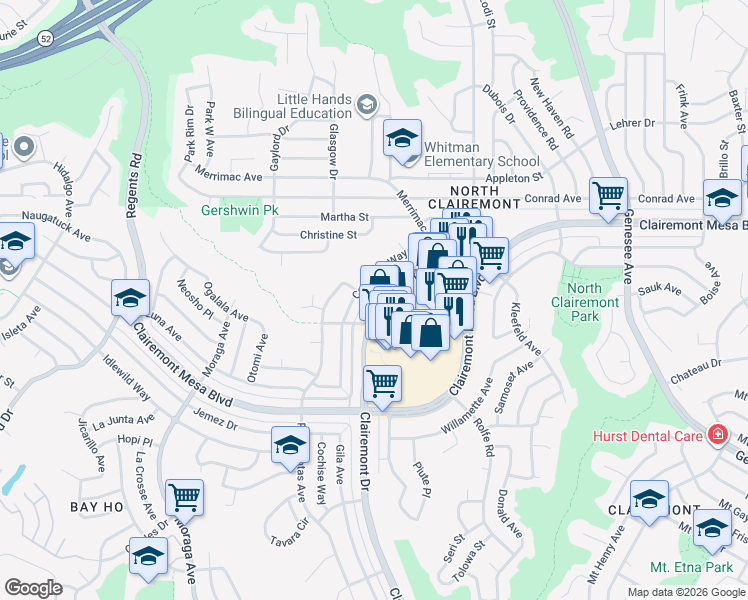 map of restaurants, bars, coffee shops, grocery stores, and more near 4778 Clairemont Drive in San Diego