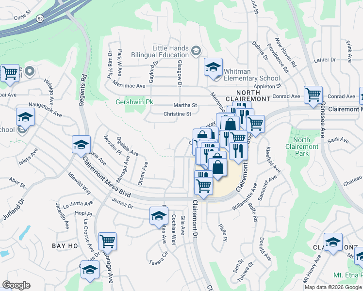 map of restaurants, bars, coffee shops, grocery stores, and more near 4749 Pocahontas Avenue in San Diego