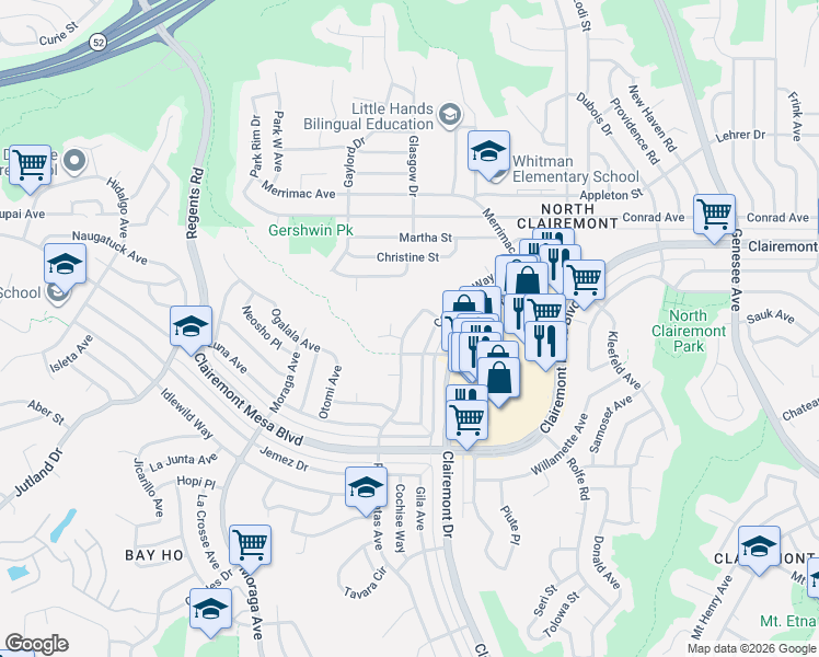map of restaurants, bars, coffee shops, grocery stores, and more near 4749 Pocahontas Avenue in San Diego